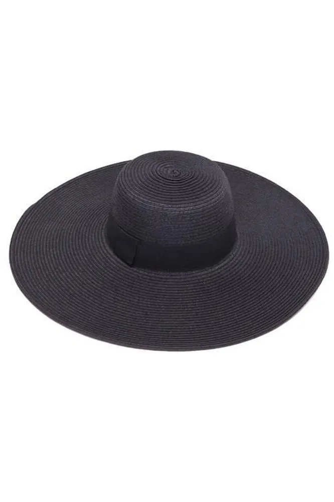 Straw Wide Brim Sun Hat With Black Ribbon