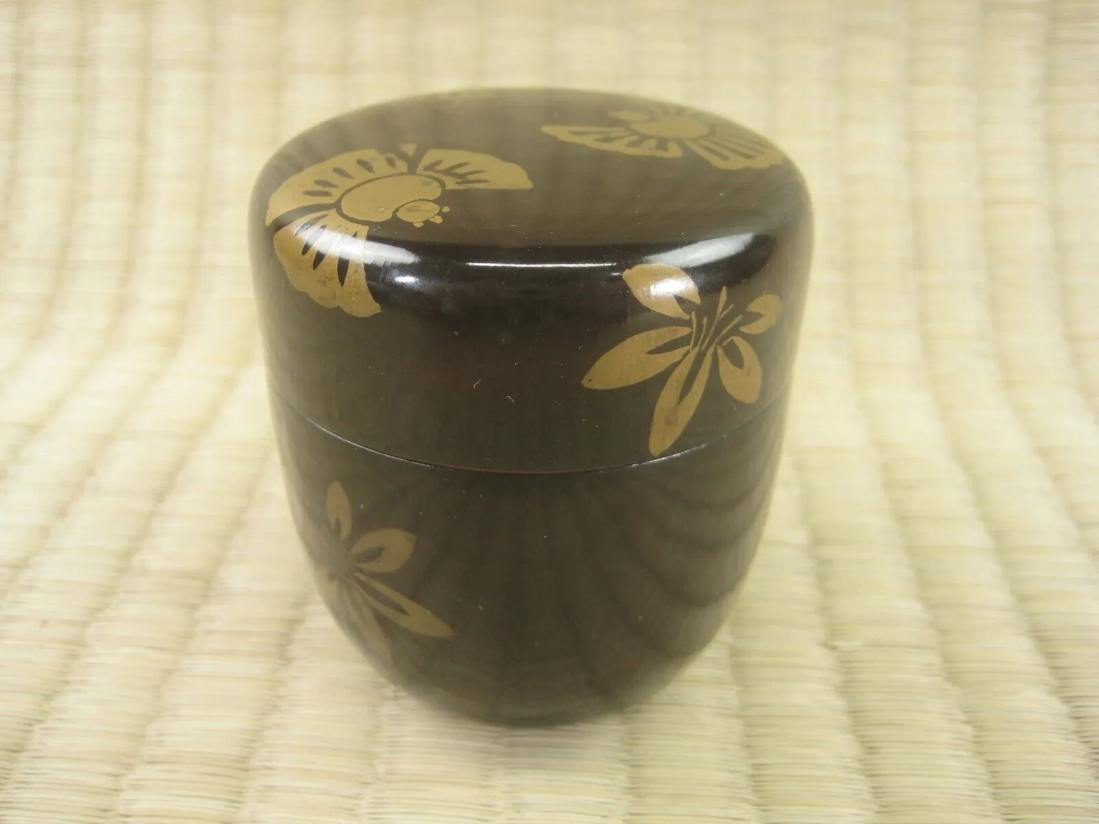 Vintage Japanese Tea Ceremony Natsume Tea Caddy Black Lacquer W/ Gold Birds