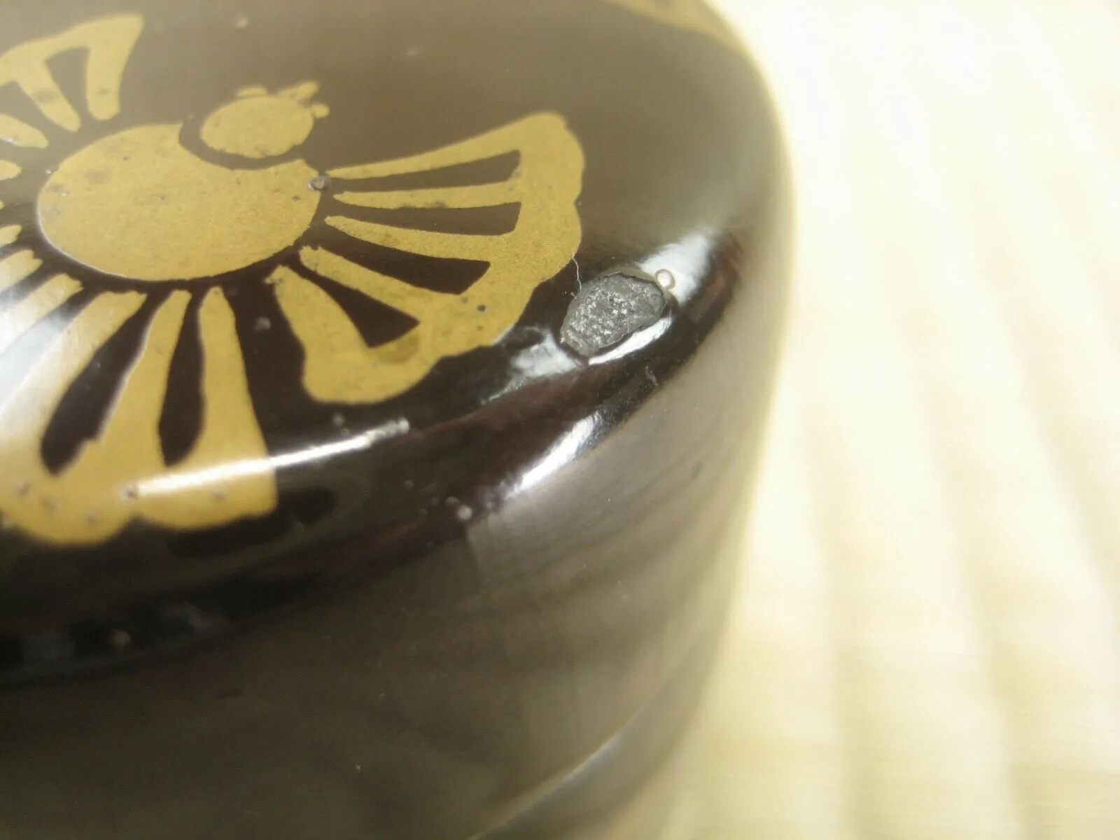 Vintage Japanese Tea Ceremony Natsume Tea Caddy Black Lacquer W/ Gold Birds