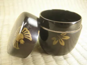 Vintage Japanese Tea Ceremony Natsume Tea Caddy Black Lacquer W/ Gold Birds