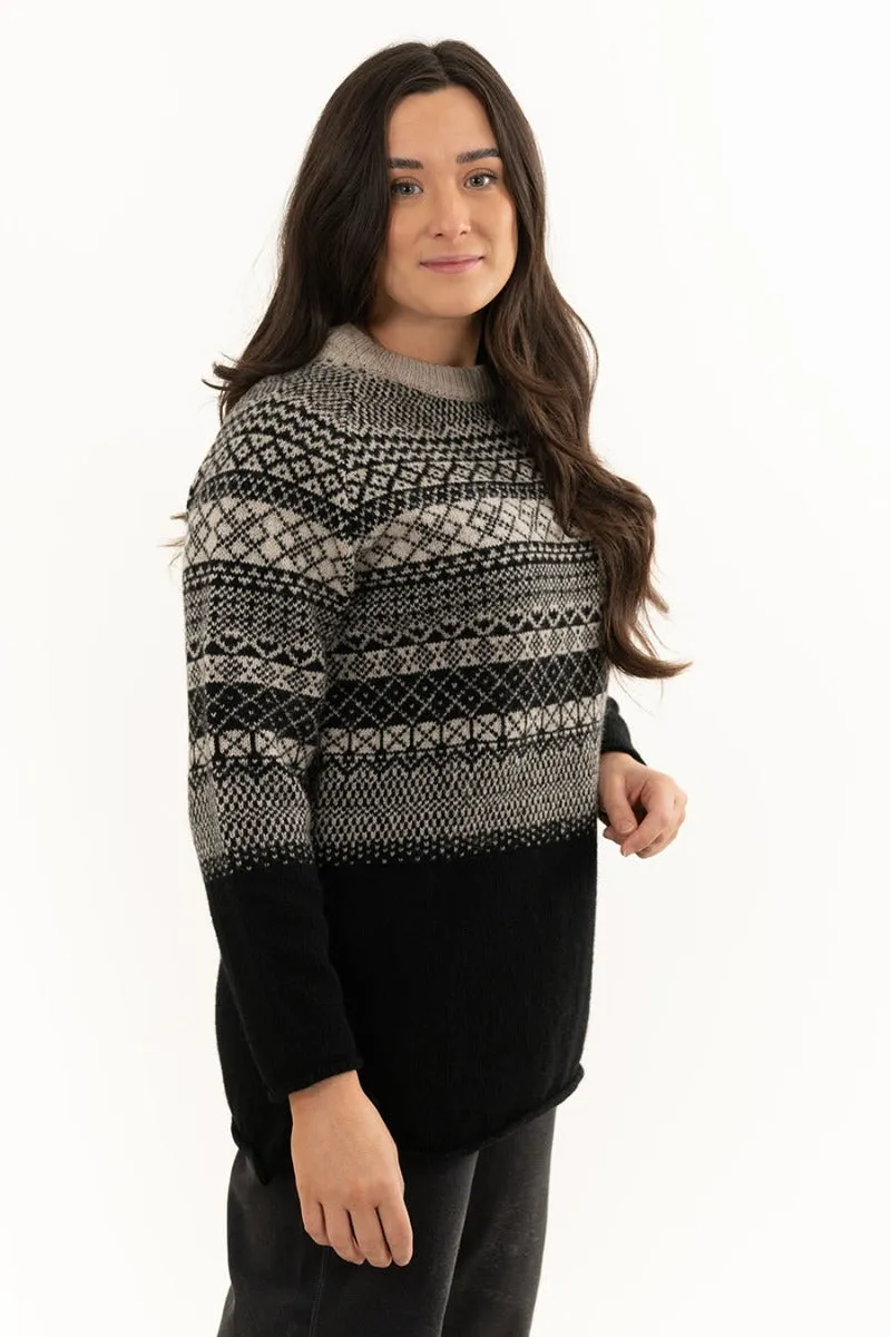 Womens Lace Fair Isle Tunic Jumper - Beige Black